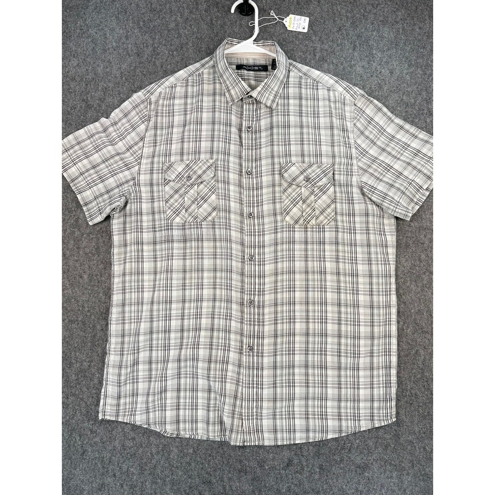 Axist Mens Large Grey White Plaid Short Sleeve Button Down Shirt Pockets